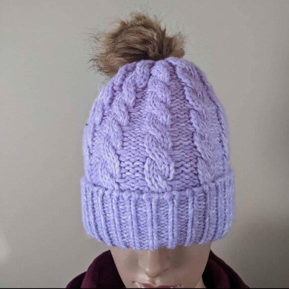 Purple cable knit Beanie with pom pom and mittens set - Picture 2 of 4